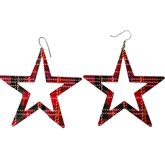 Vintage Red Plaid Star Statement Earrings - Picture 1 of 4